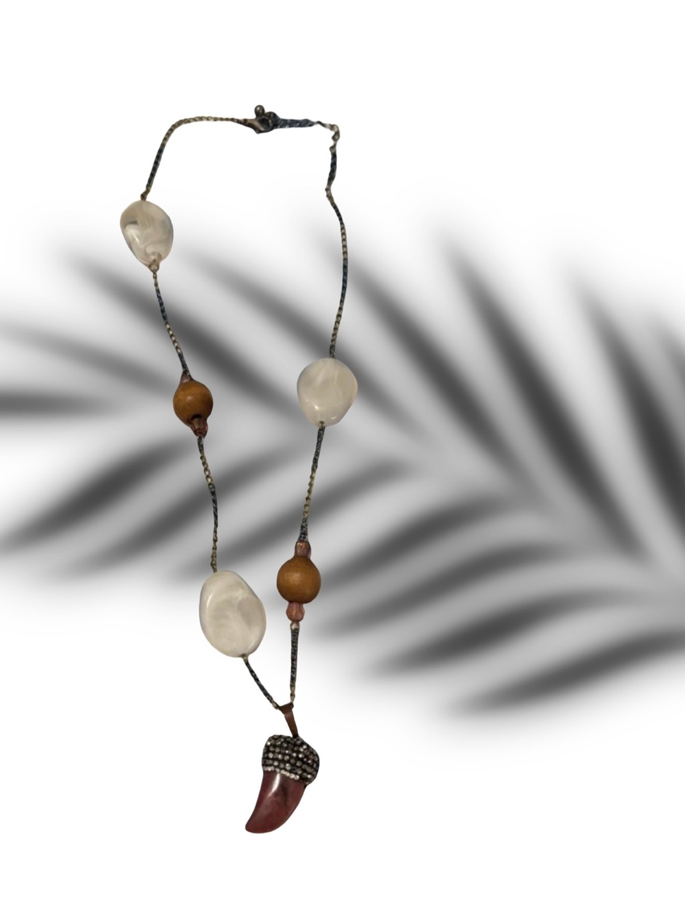Boho Wood & White Stone Bead Horn (Rose Cord crystal ) Necklace